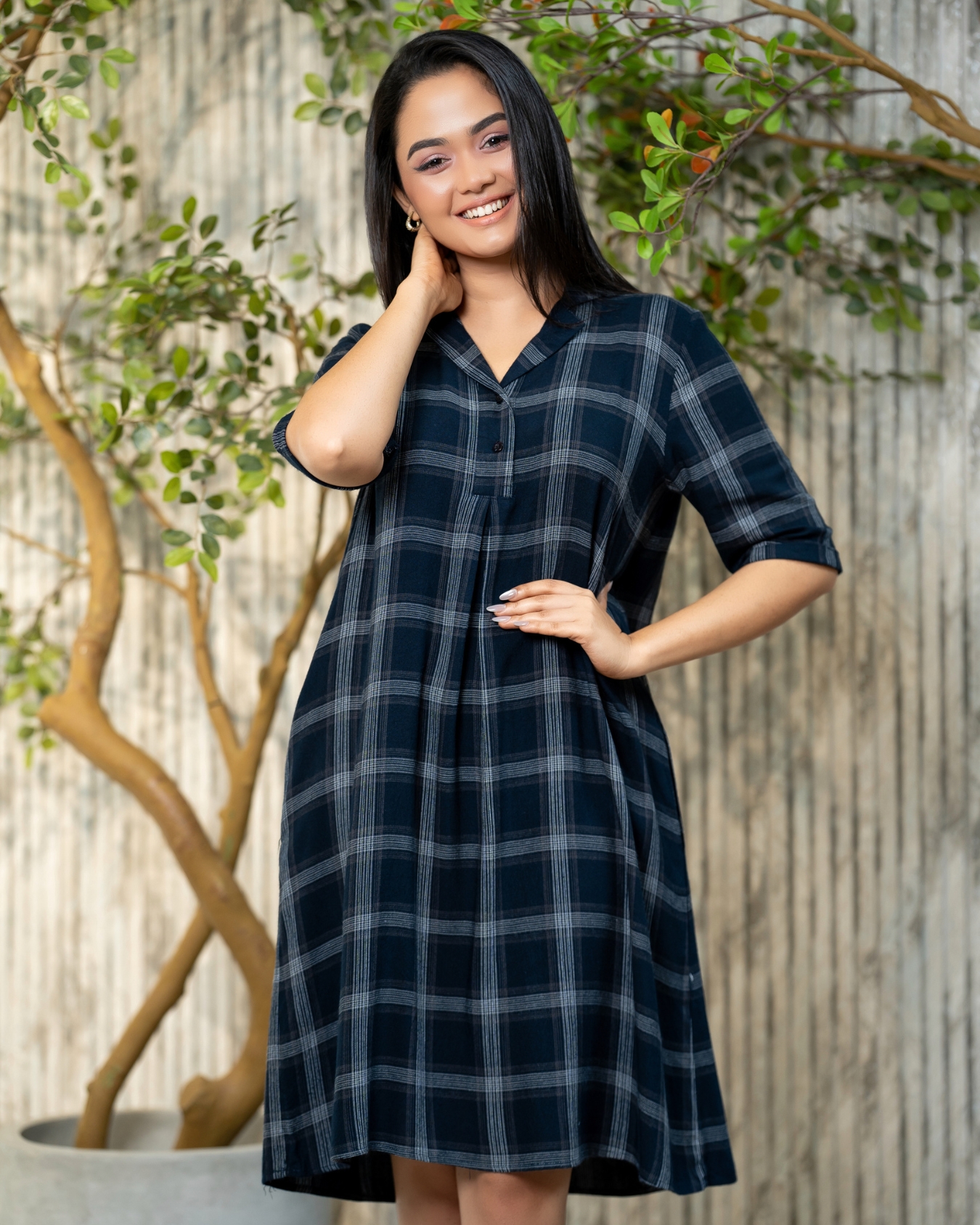 Plaid Patterned Loose Fit Lapel Collared Short Dress - Image 2