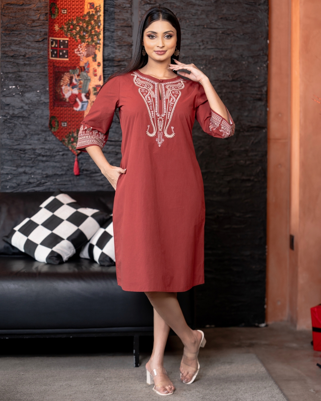 Embroidery Button Detail Short Dress - Image 4