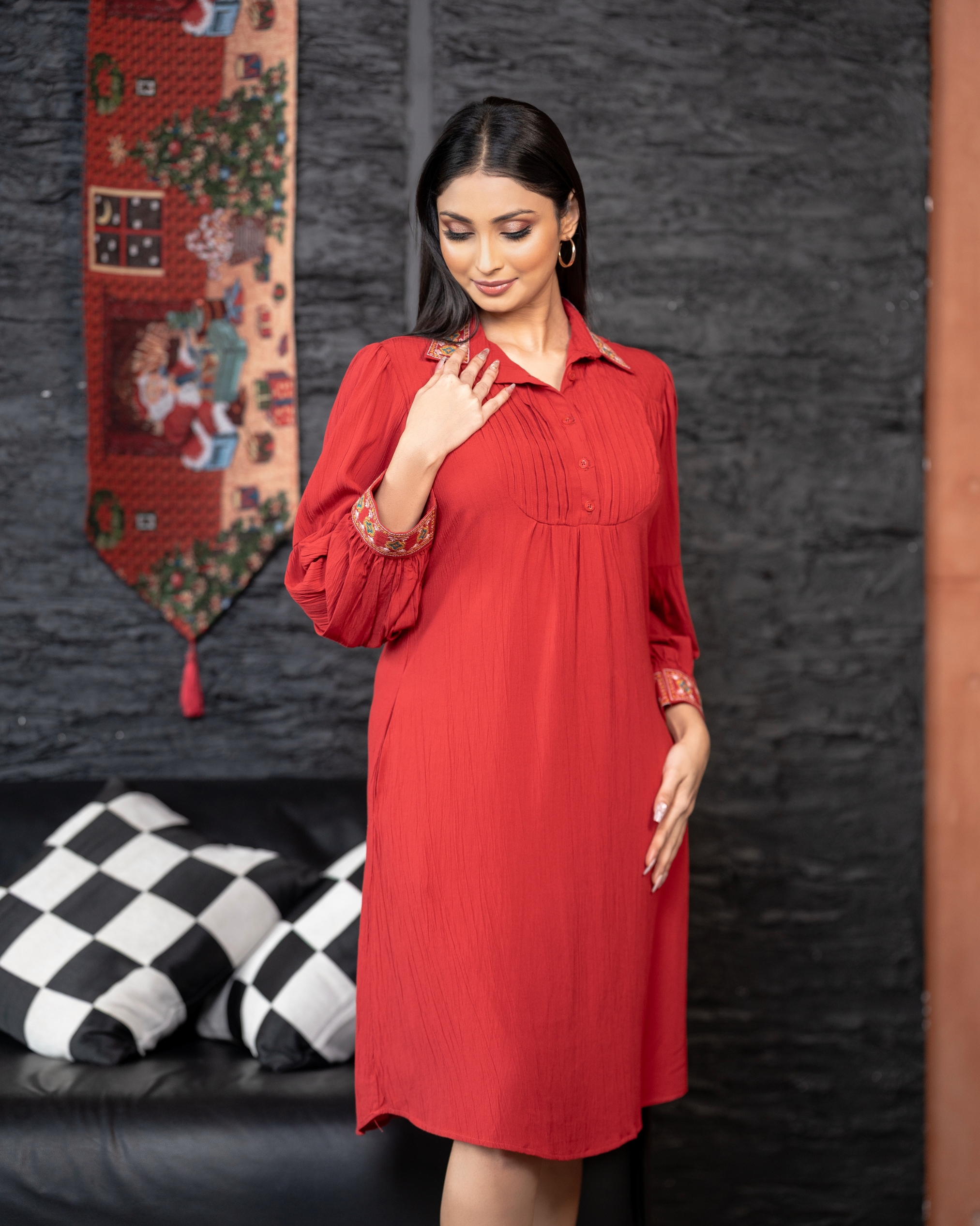 Collar and Cuff Embroidery Pintuck Detail Short Dress - Image 5