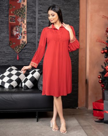 Collar and Cuff Embroidery Pintuck Detail Short Dress