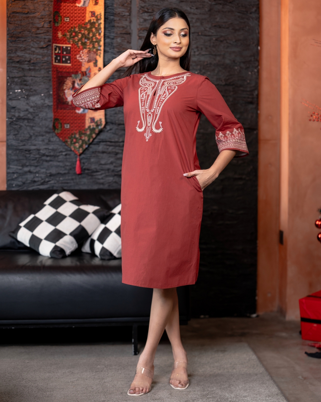 Embroidery Button Detail Short Dress - Image 5