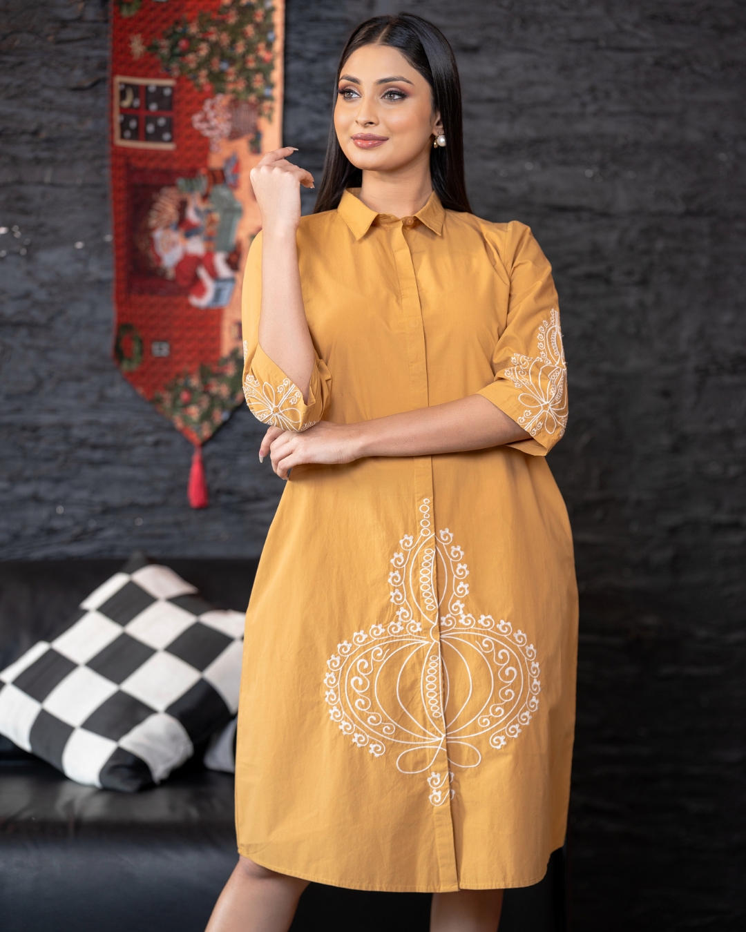 Embroidered Button Up Short Dress - Image 2