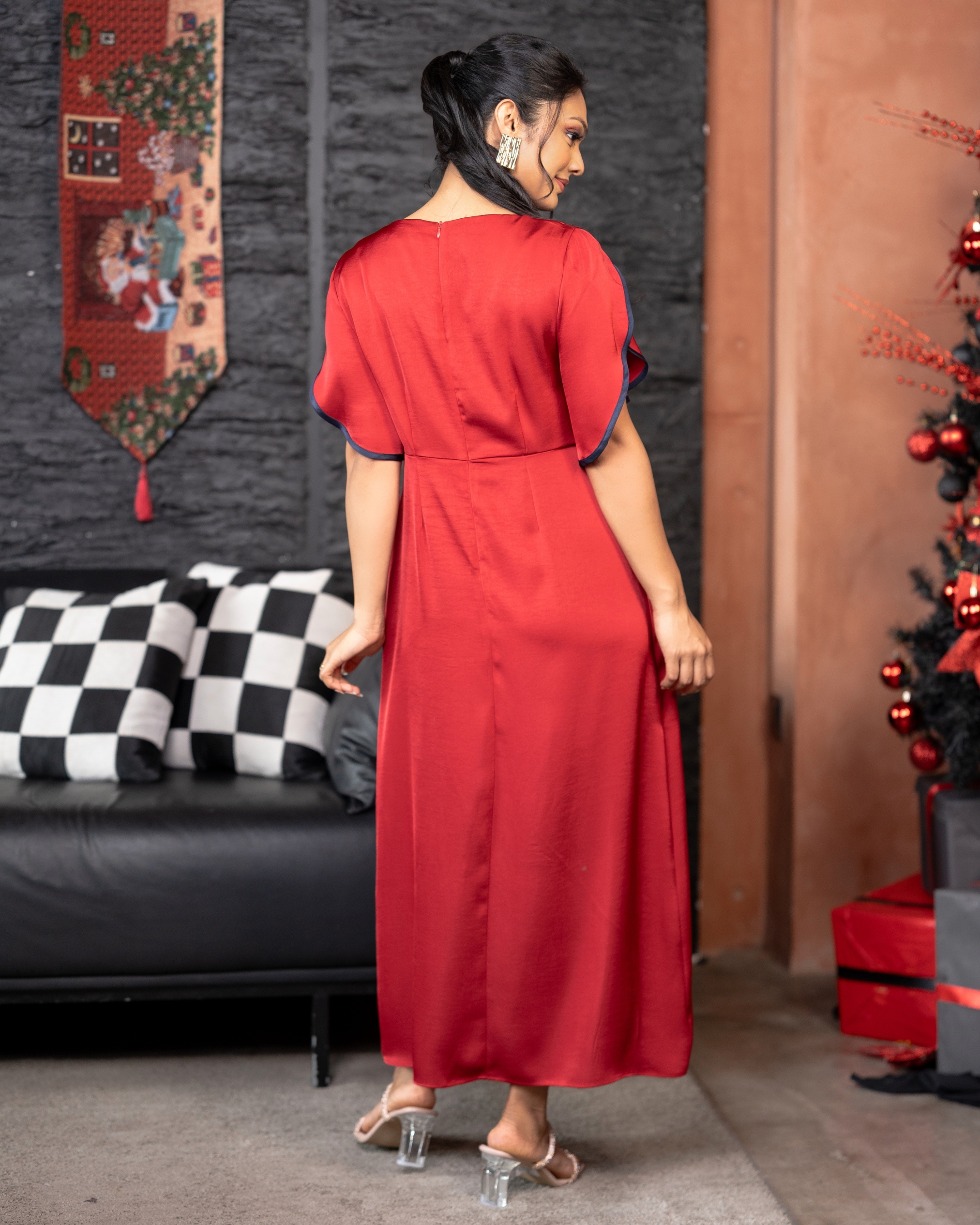 Petal Sleeve Piping Detail High-Low Midi Dress - Image 7