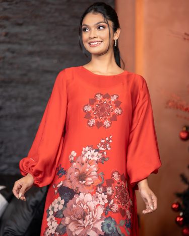 Floral Patterned Puff Sleeve Maxi Dress