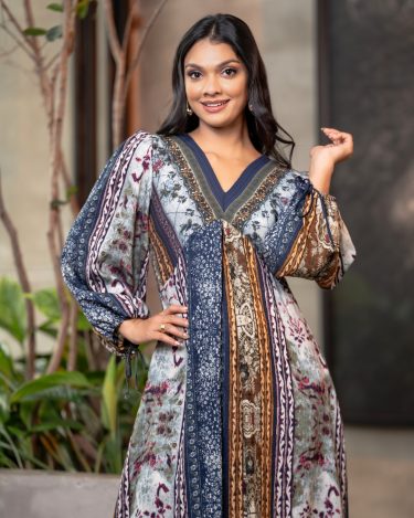 Geo-Floral Patterned Empire Lined Maxi Dress