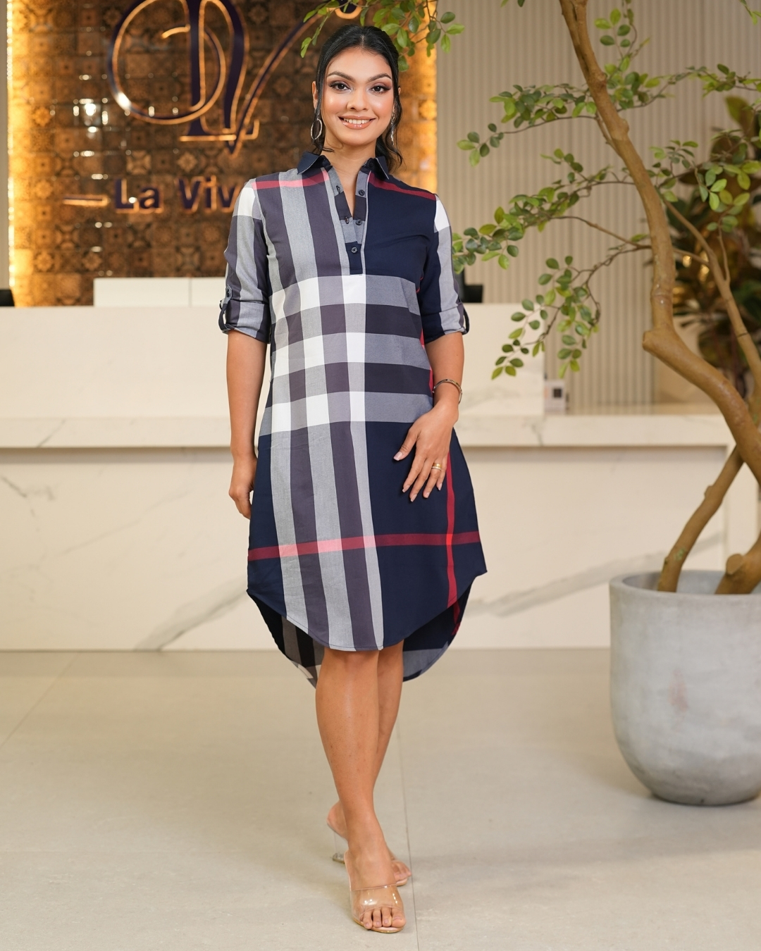 High-Low Detailed Gingham Short Shirt Dress - Image 3