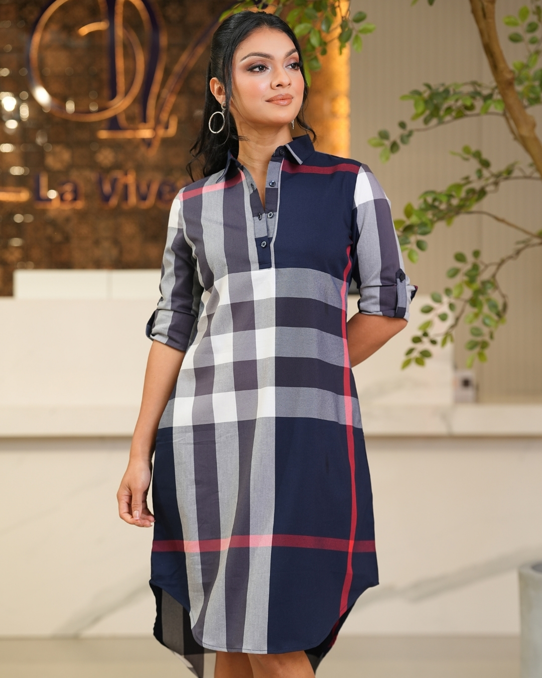 High-Low Detailed Gingham Short Shirt Dress - Image 2