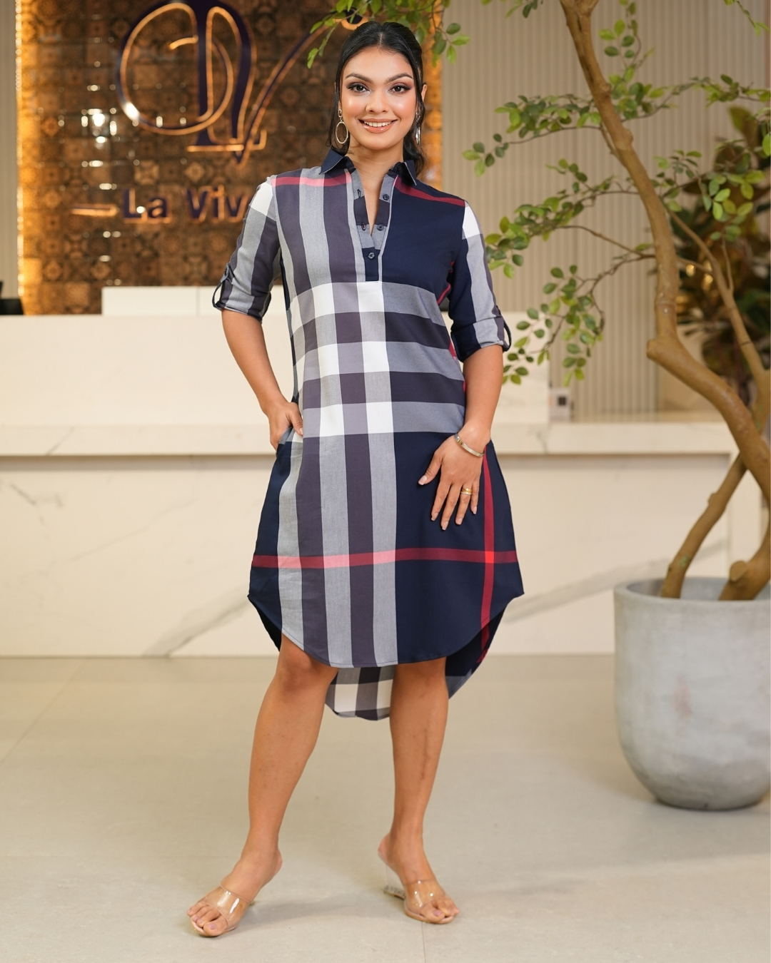 High-Low Detailed Gingham Short Shirt Dress - Image 5