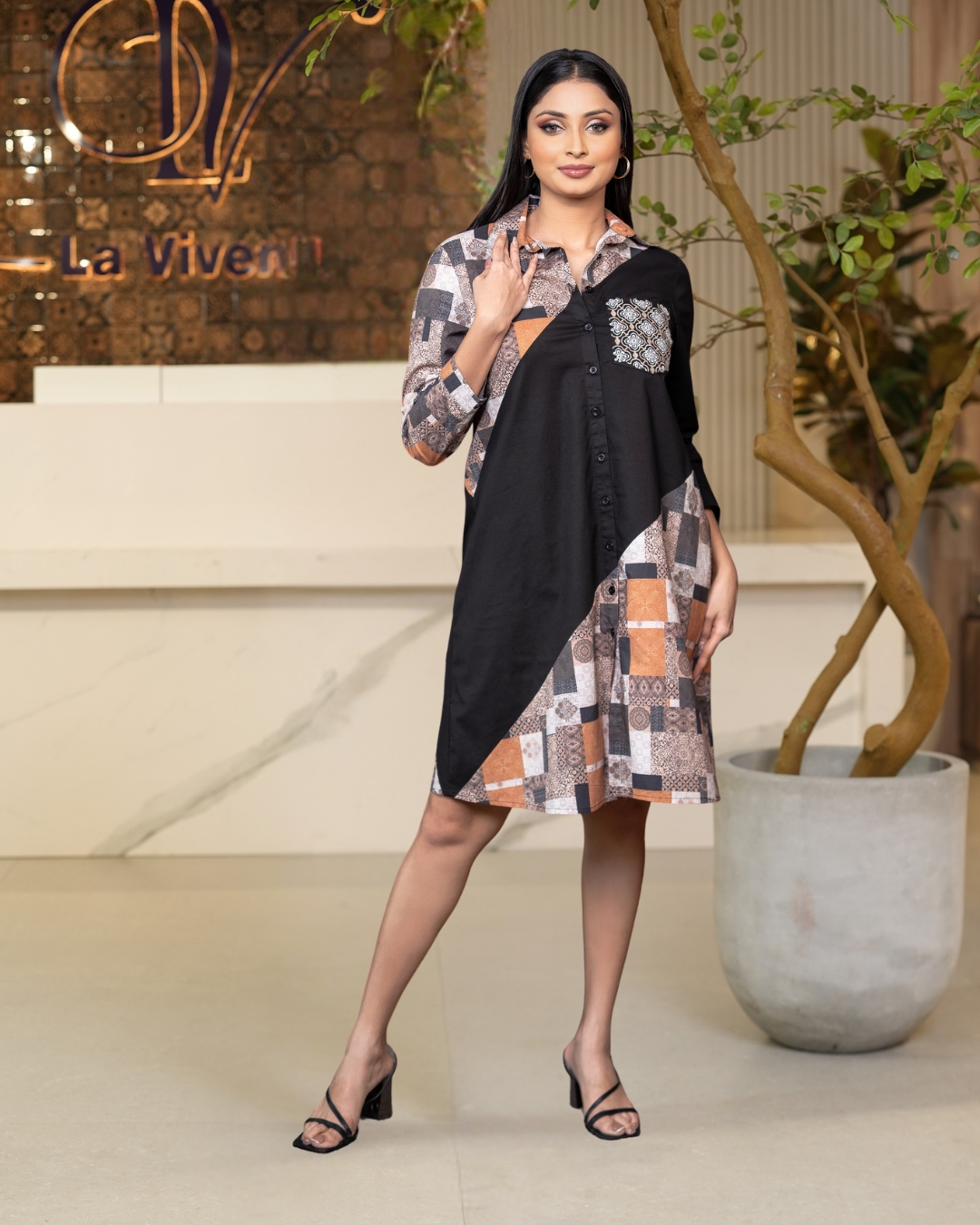 Pocket Embroidery Detail Colourblock Short Shirt Dress - Image 5