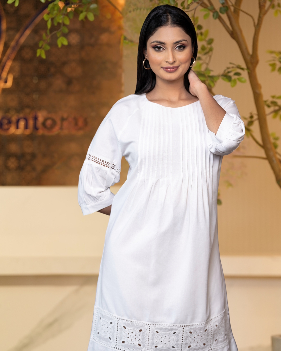 Lace and Pintuck Detail Short Dress