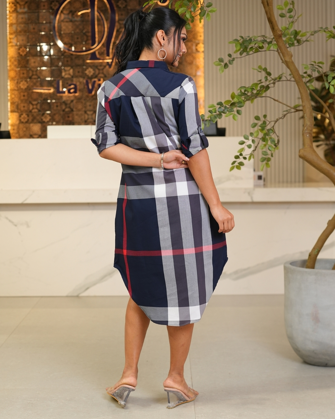 High-Low Detailed Gingham Short Shirt Dress - Image 6