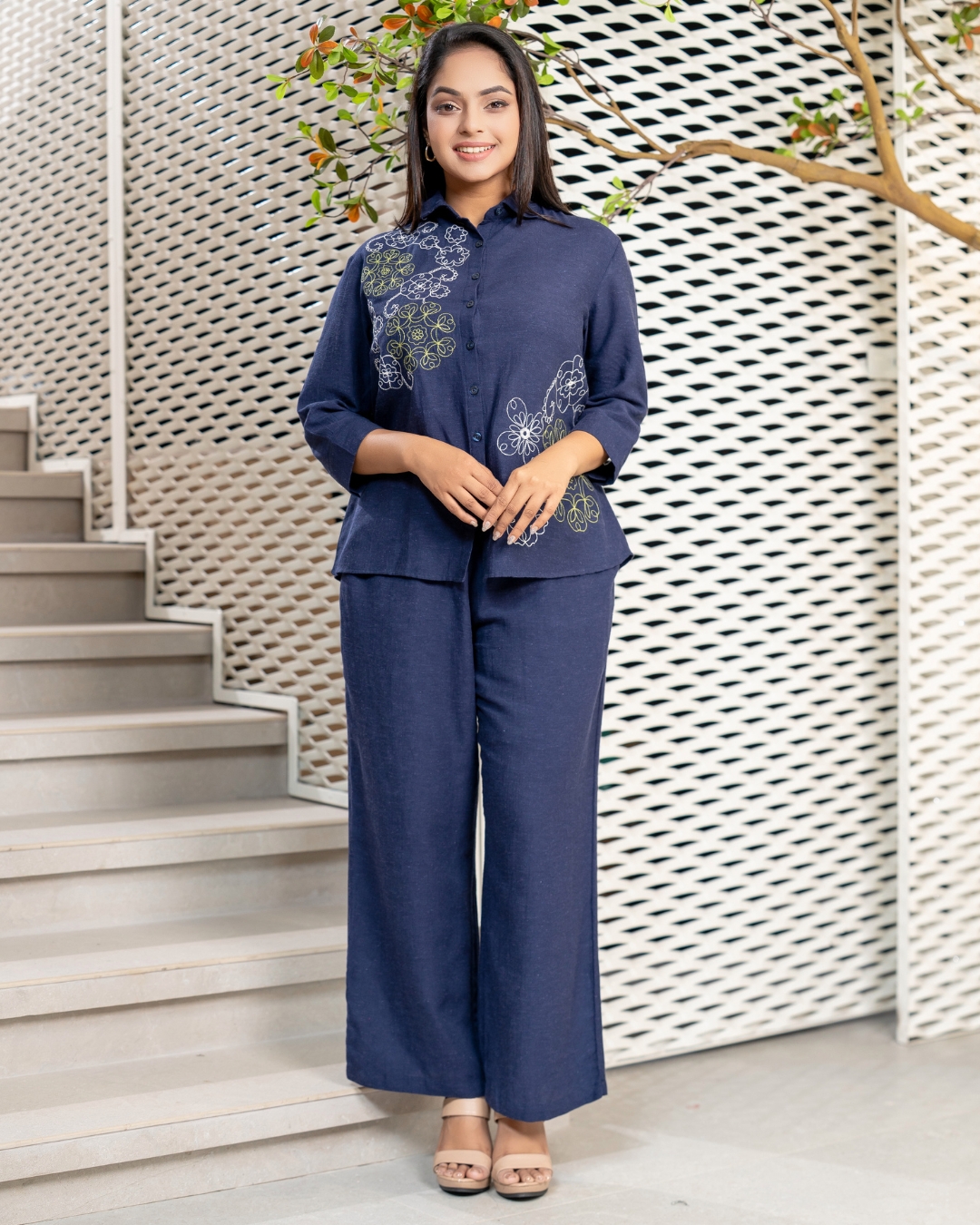 Embroidery Detail Shirt Blouse and Pants Set