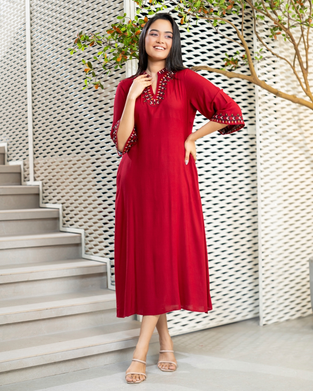 Embroidery Detail Bell Sleeve Midi Dress - Image 3