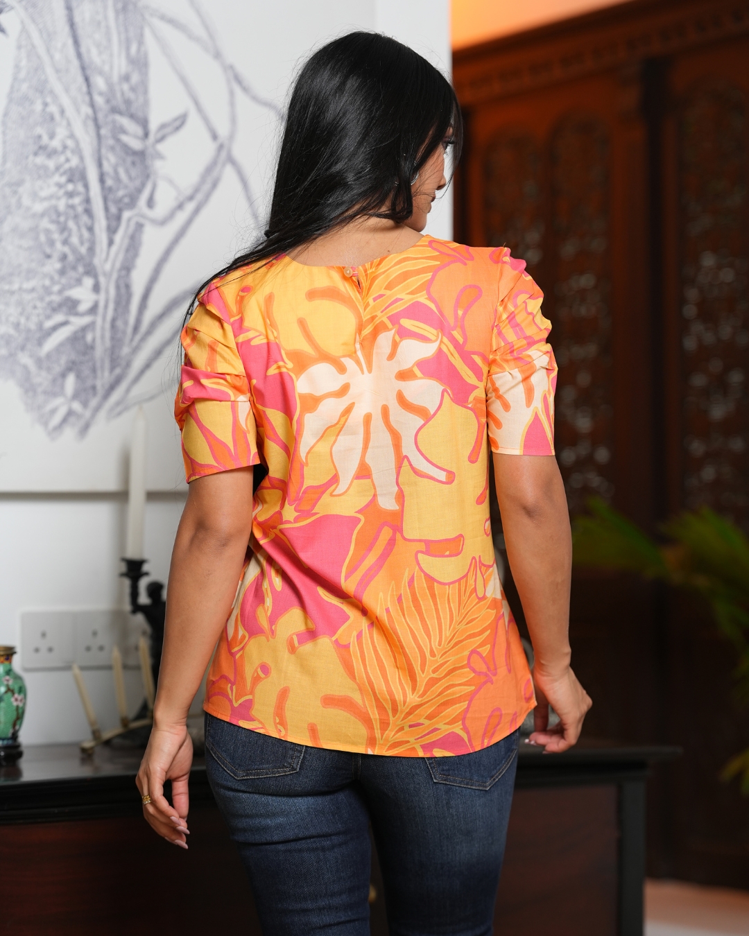 Tropical Patterned Puff Sleeve Blouse - Image 5