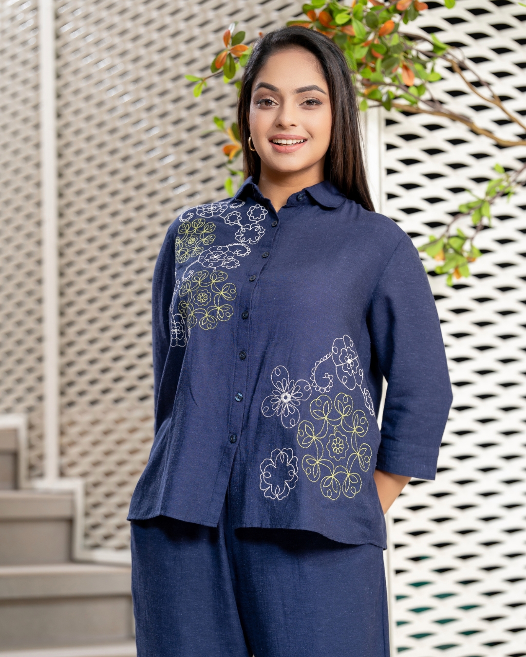 Embroidery Detail Shirt Blouse and Pants Set - Image 3