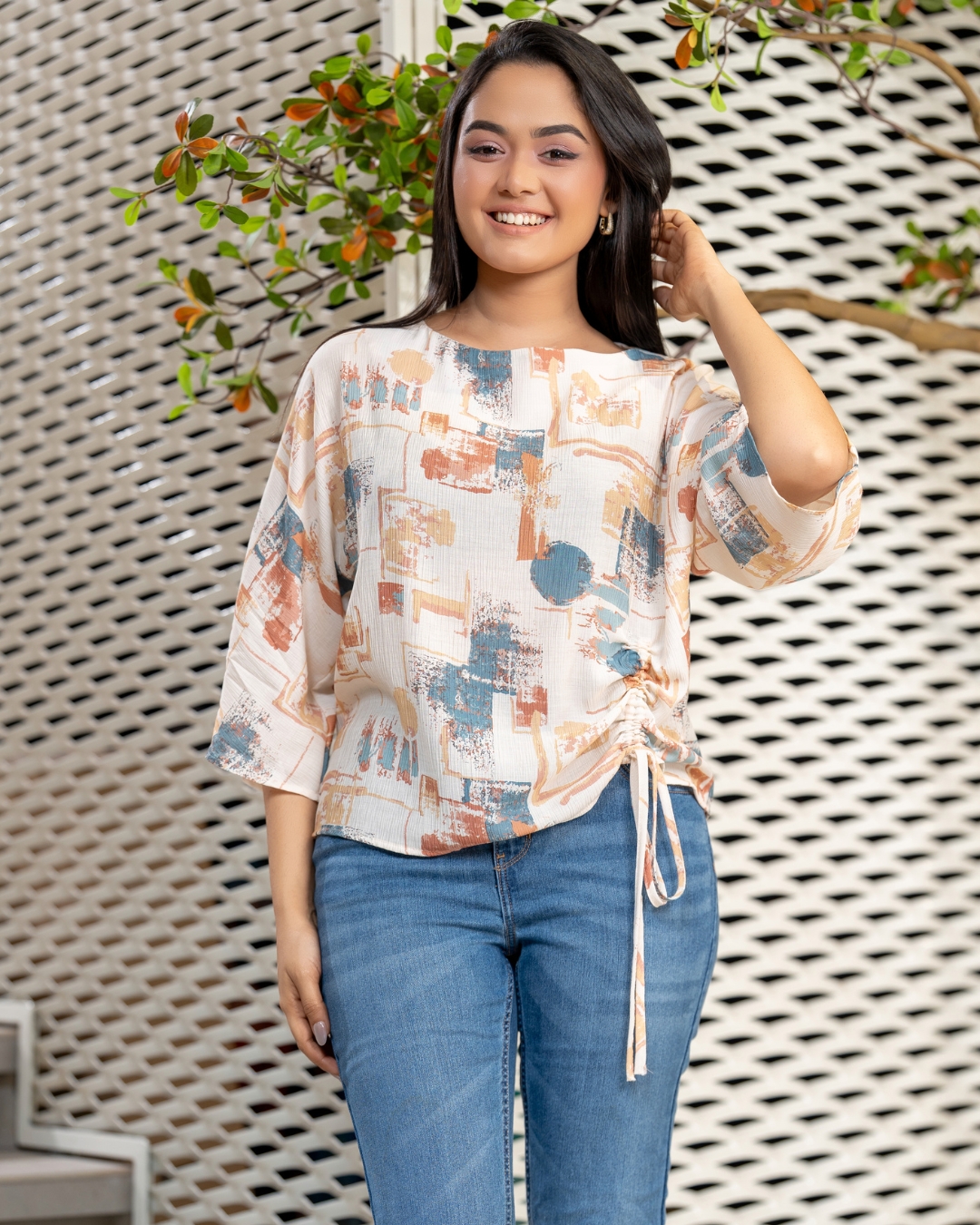 Abstract Patterned Tie-Up Detail Blouse - Image 2