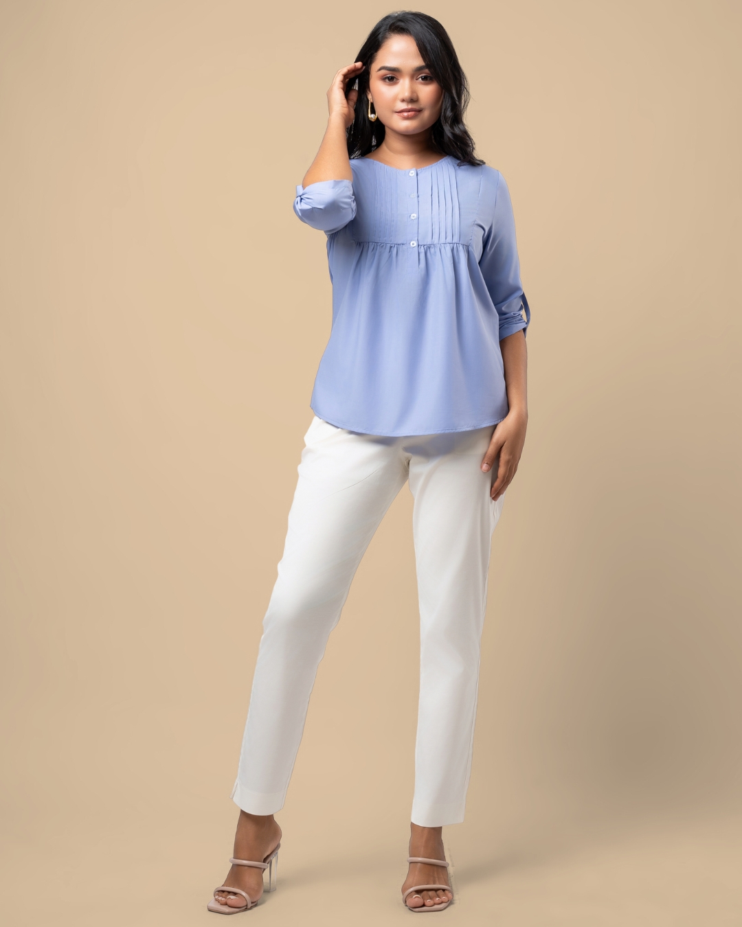 Pintuck Detail Half Button-Down Blouse - Image 4