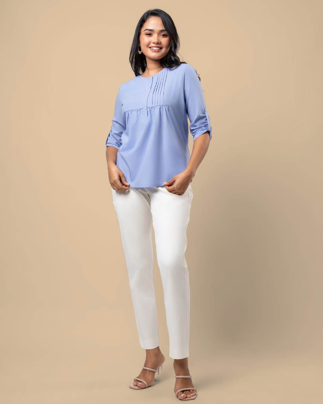 Pintuck Detail Half Button-Down Blouse - Image 3