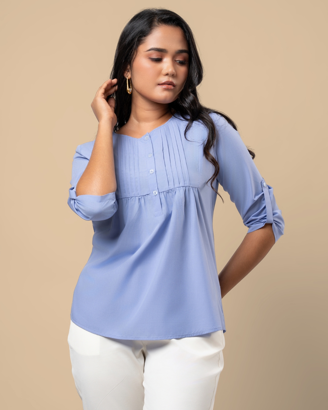 Pintuck Detail Half Button-Down Blouse - Image 2