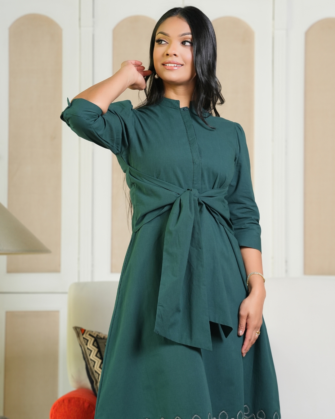 Waist Belt Detail Embroidered Midi Dress - Image 2