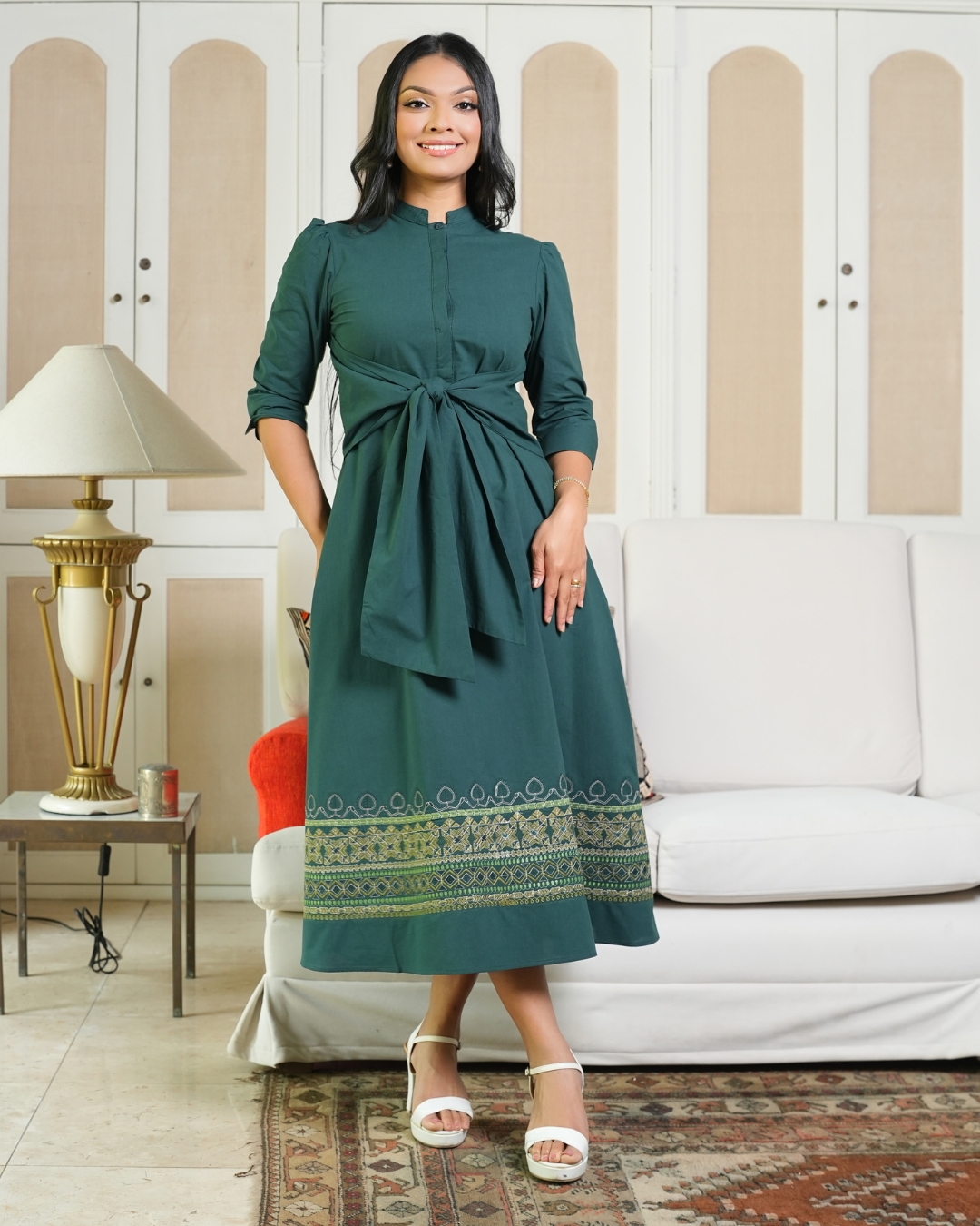 Waist Belt Detail Embroidered Midi Dress - Image 4