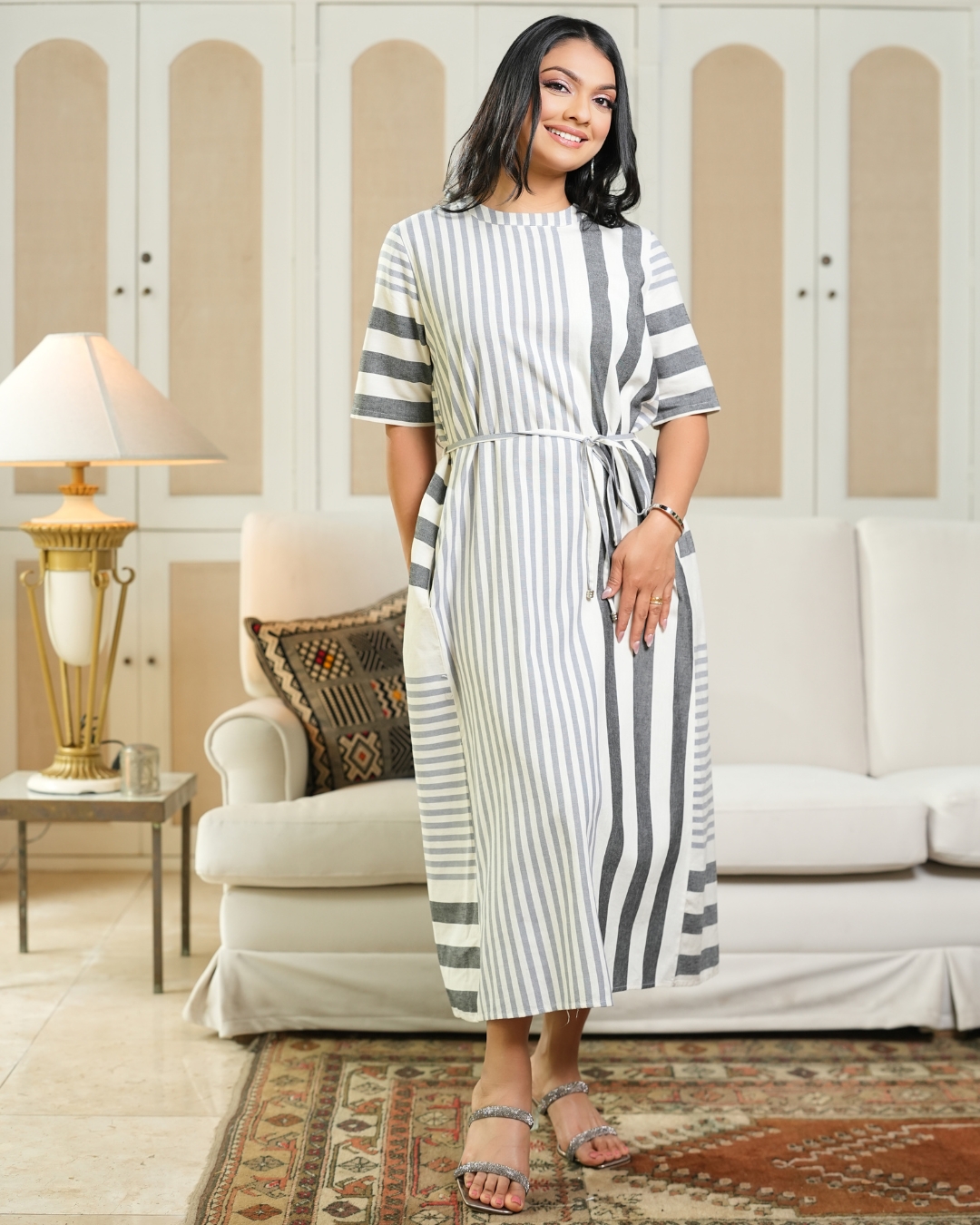 Waist Belt Detail Loose Fitted Stripe Midi Dress - Image 2