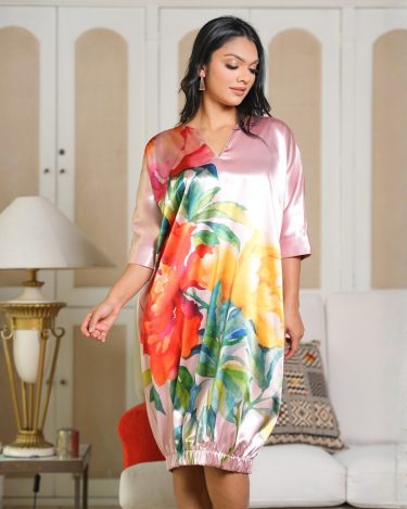 Floral Printed V-Neck Short Balloon Dress