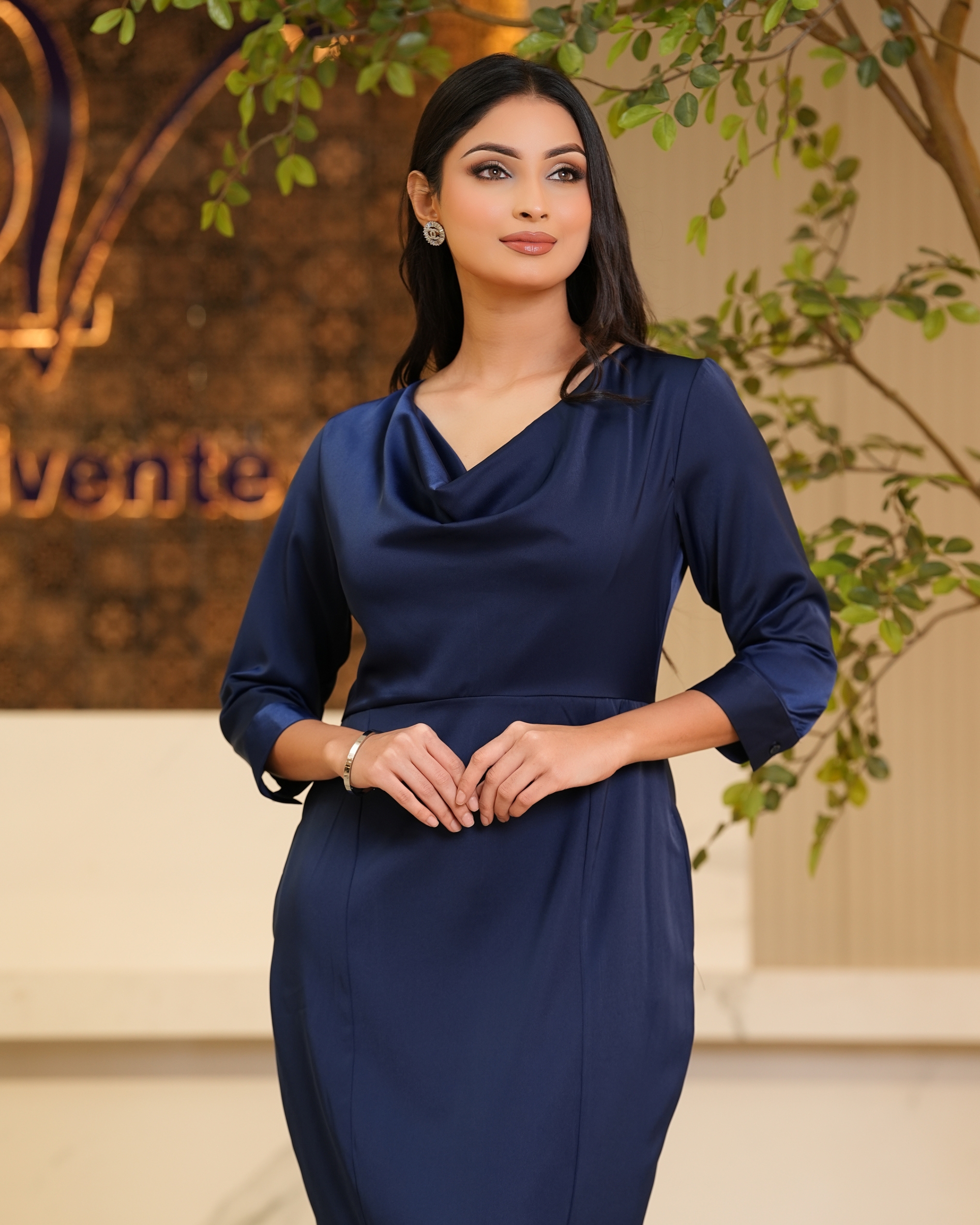 Cowl Detail Pencil Cut Short Dress - Image 5