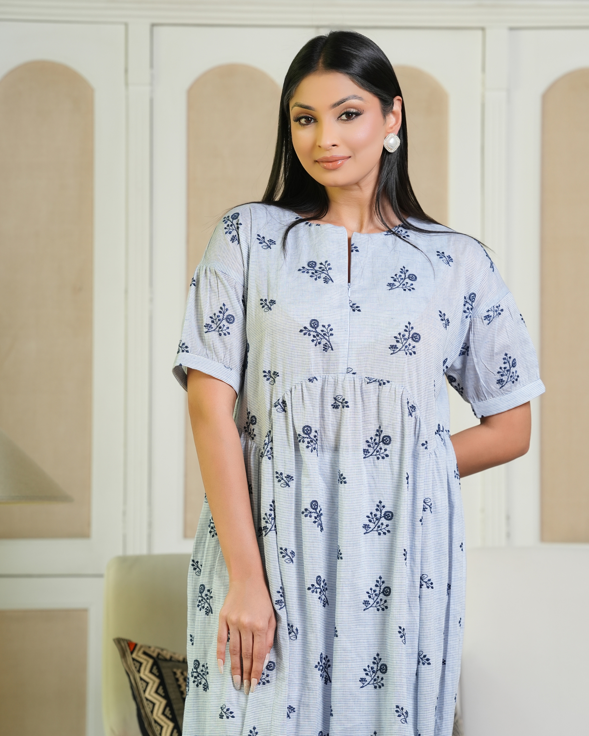 High-Low Waisted All Over Embroidery Detail Dress