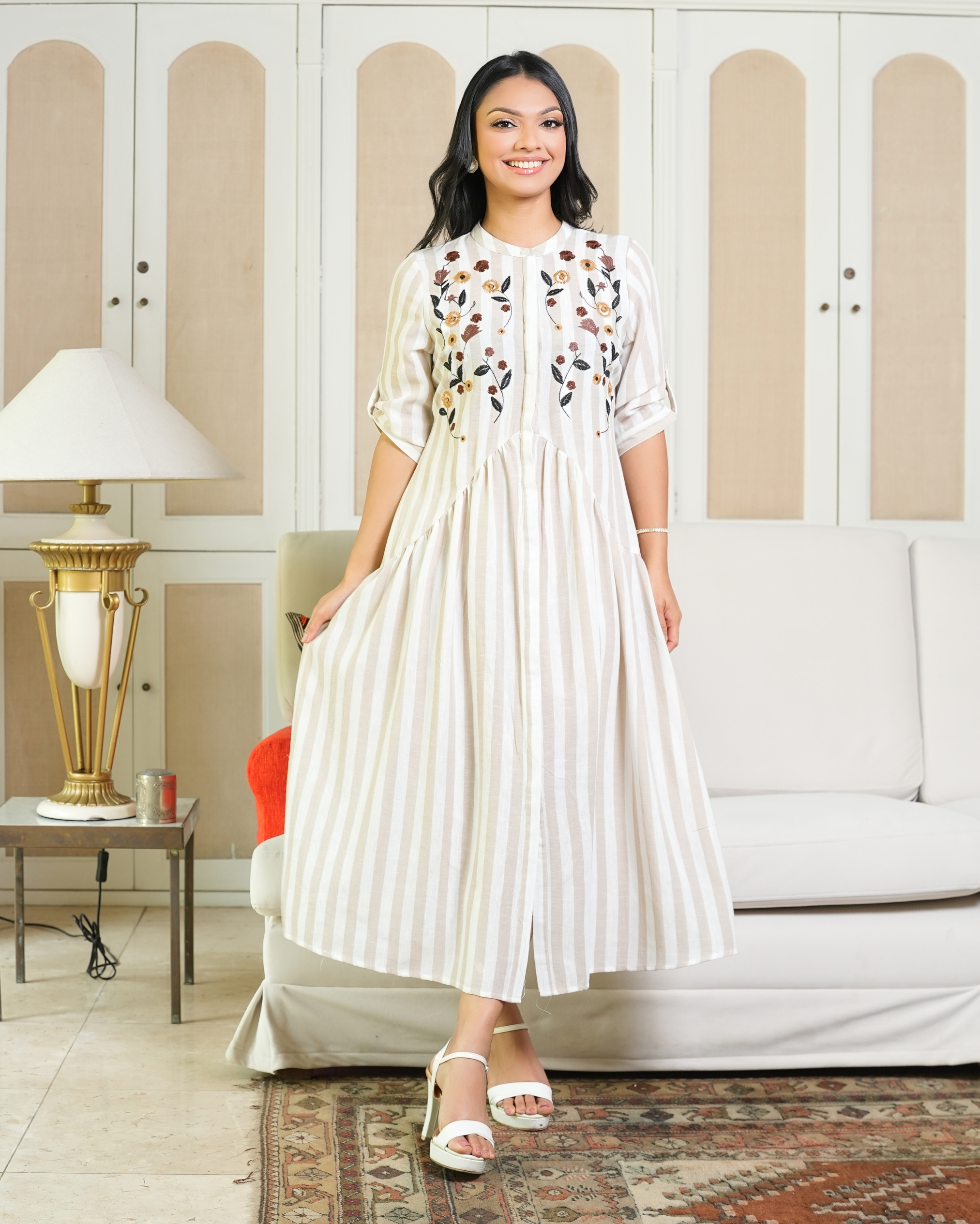 Stipe Patterned Triangle Waist Embroidered Midi Dress - Image 4