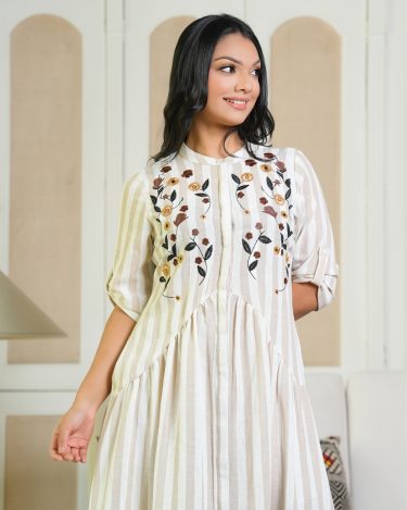 Stipe Patterned Triangle Waist Embroidered Midi Dress