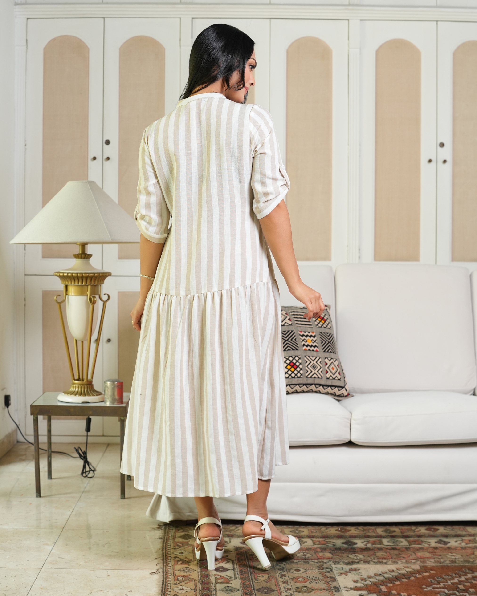 Stipe Patterned Triangle Waist Embroidered Midi Dress - Image 5