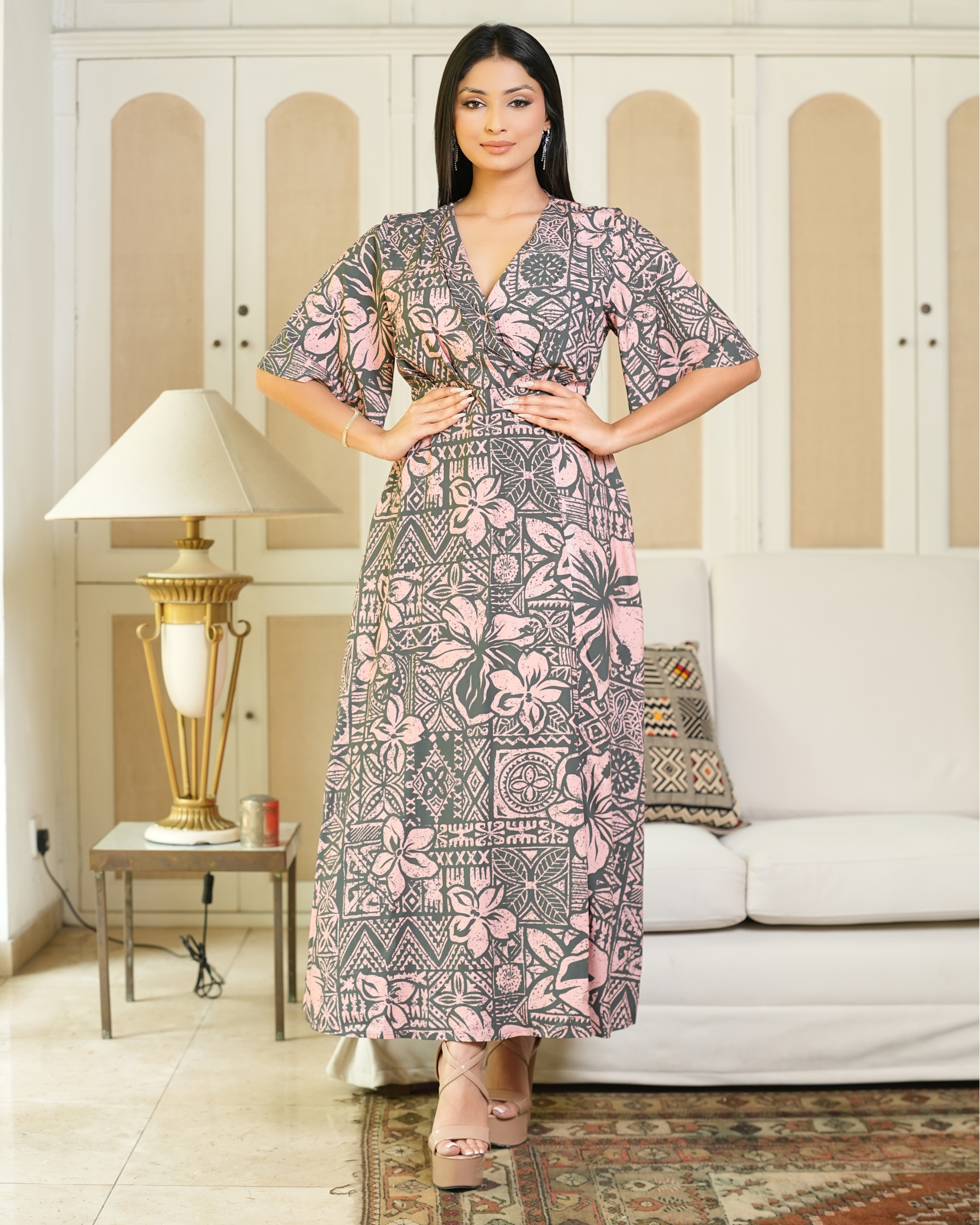 Geometric Floral Patterned Crossover Detail Maxi Dress - Image 4