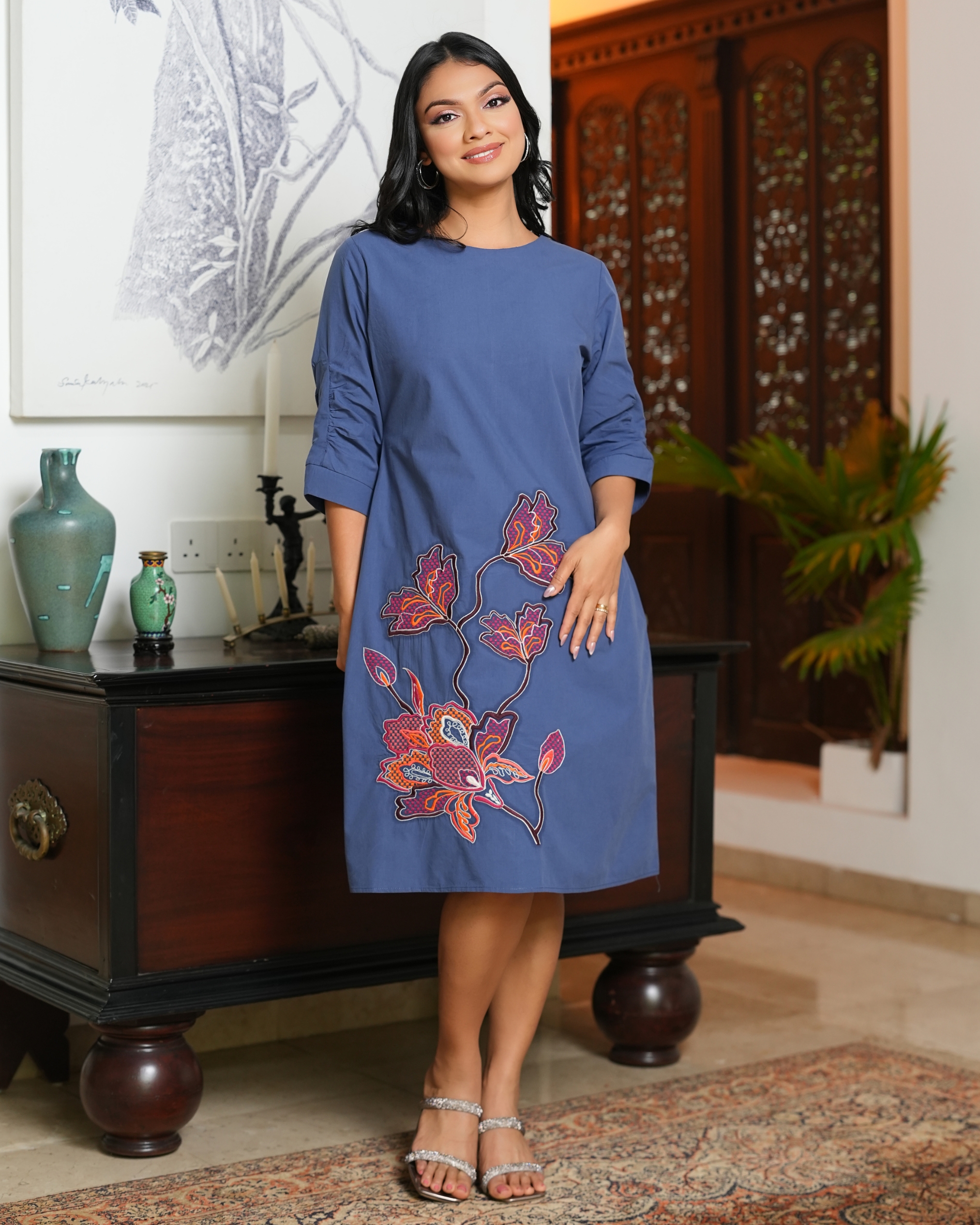 Ruched Sleeve Embroidered Short Dress - Image 4