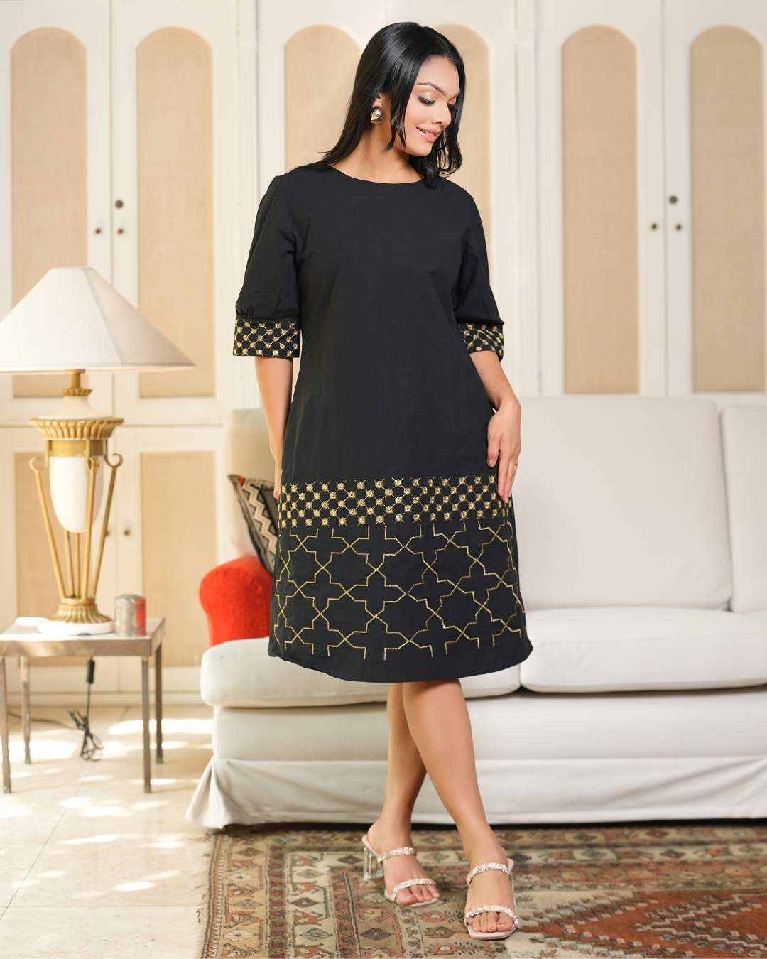 Gold Geometric Embroidered Short Dress - Image 4