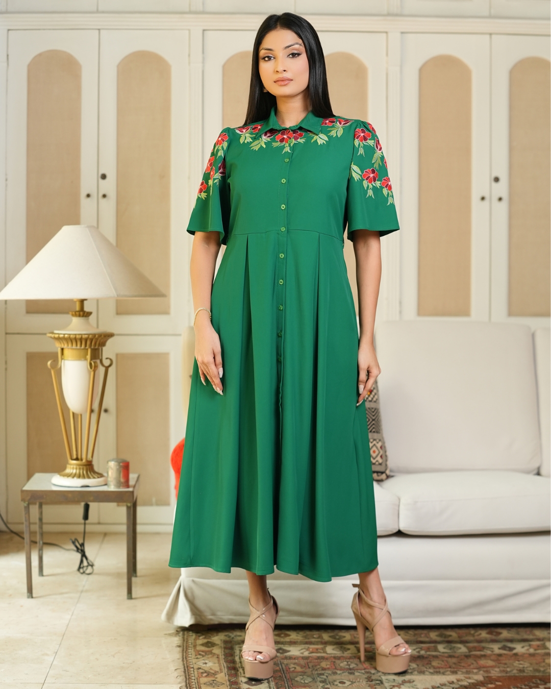 Floral Embroidered Midi Shirt Dress - Image 4