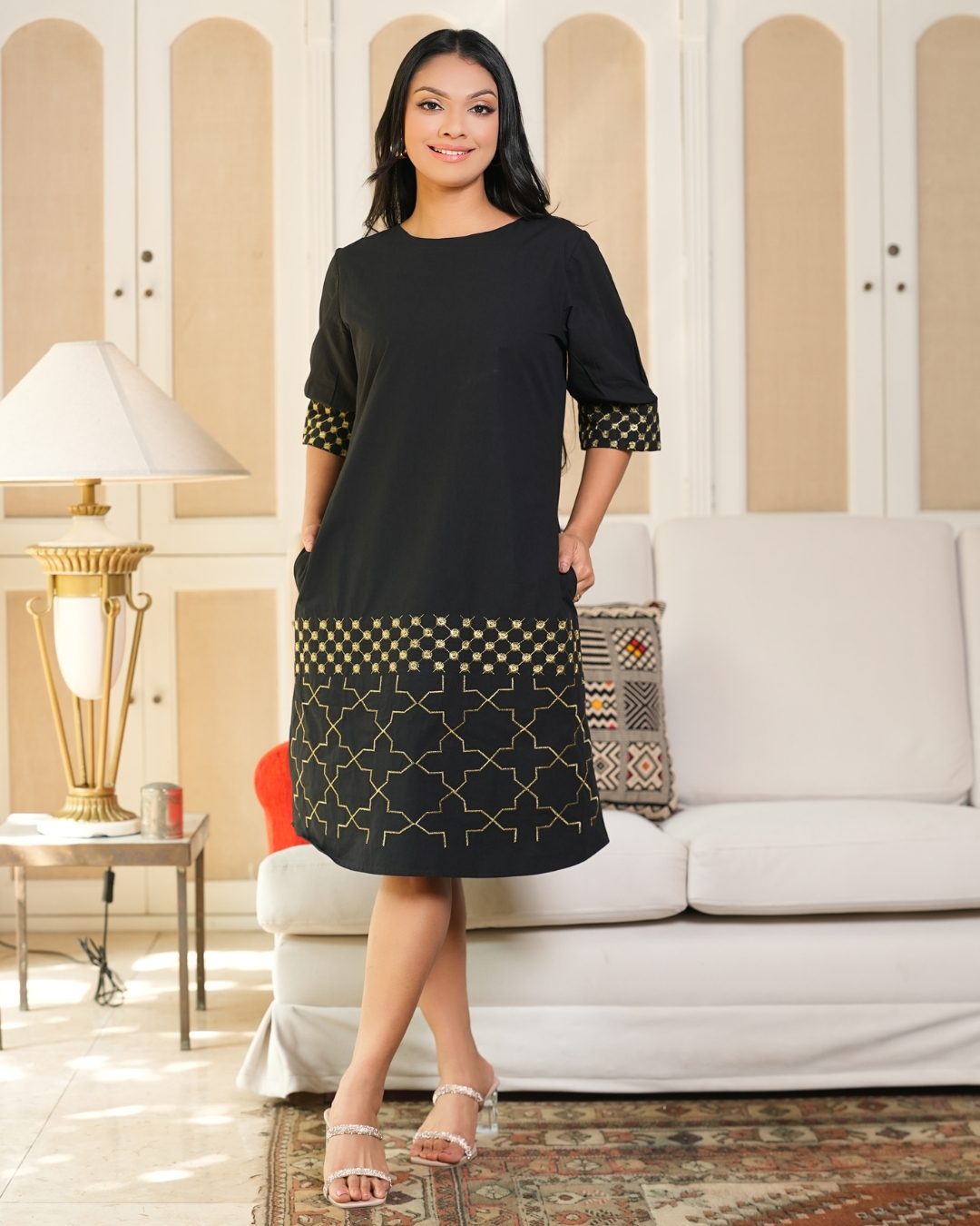 Gold Geometric Embroidered Short Dress - Image 3