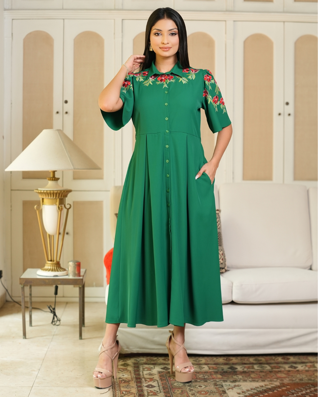 Floral Embroidered Midi Shirt Dress - Image 3