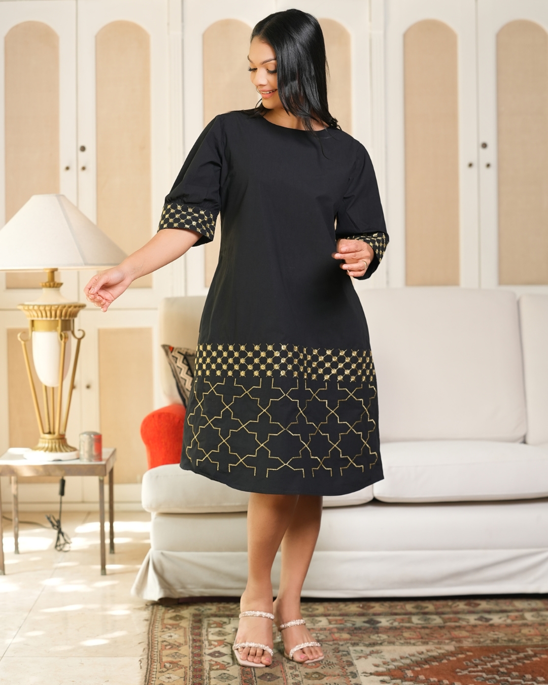 Gold Geometric Embroidered Short Dress - Image 5