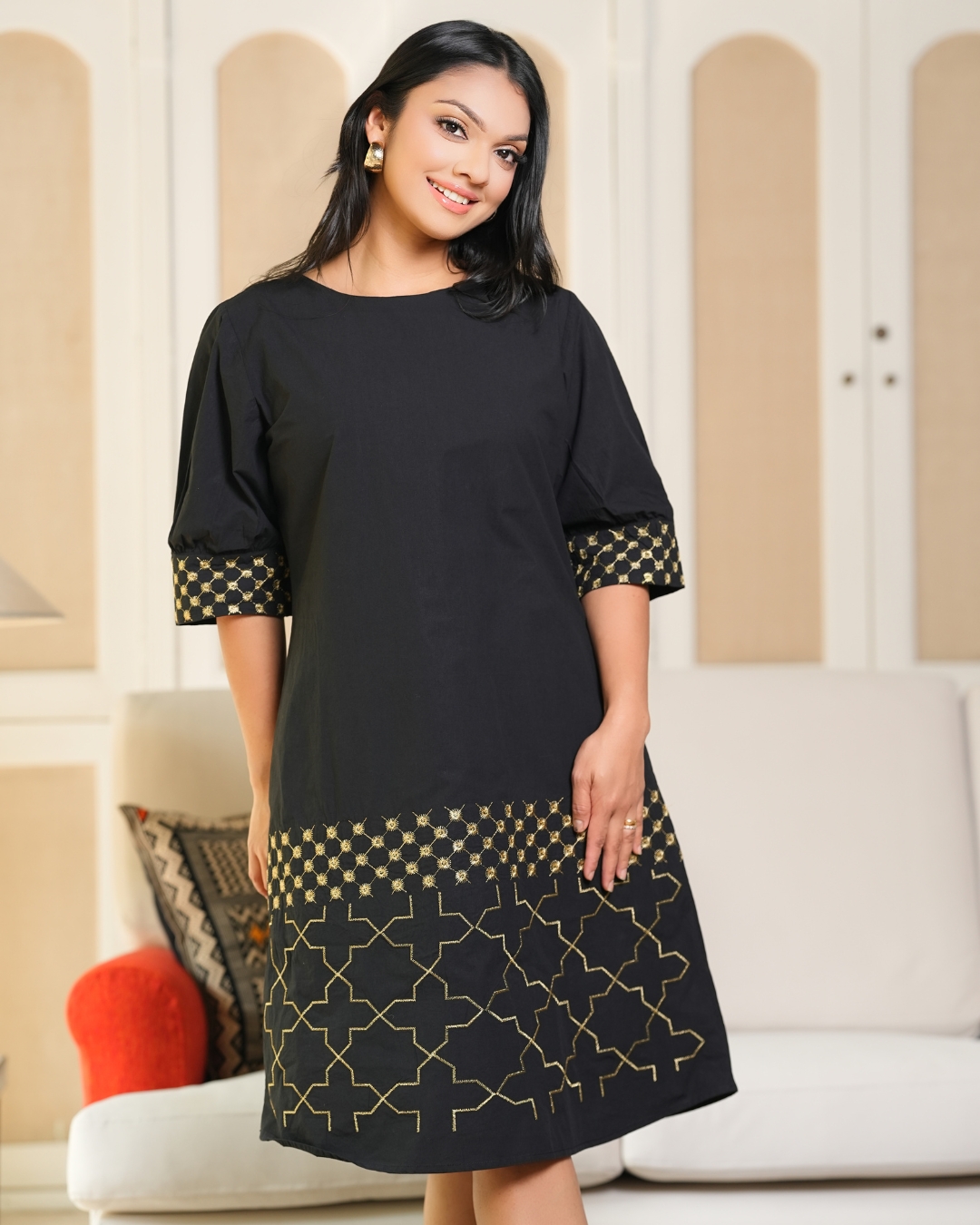 Gold Geometric Embroidered Short Dress - Image 2