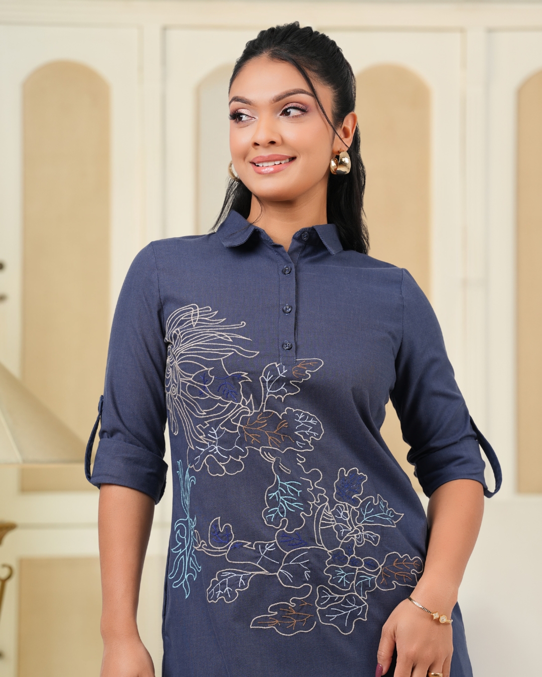 Botanical Embroidery Detail Short Shirt Dress