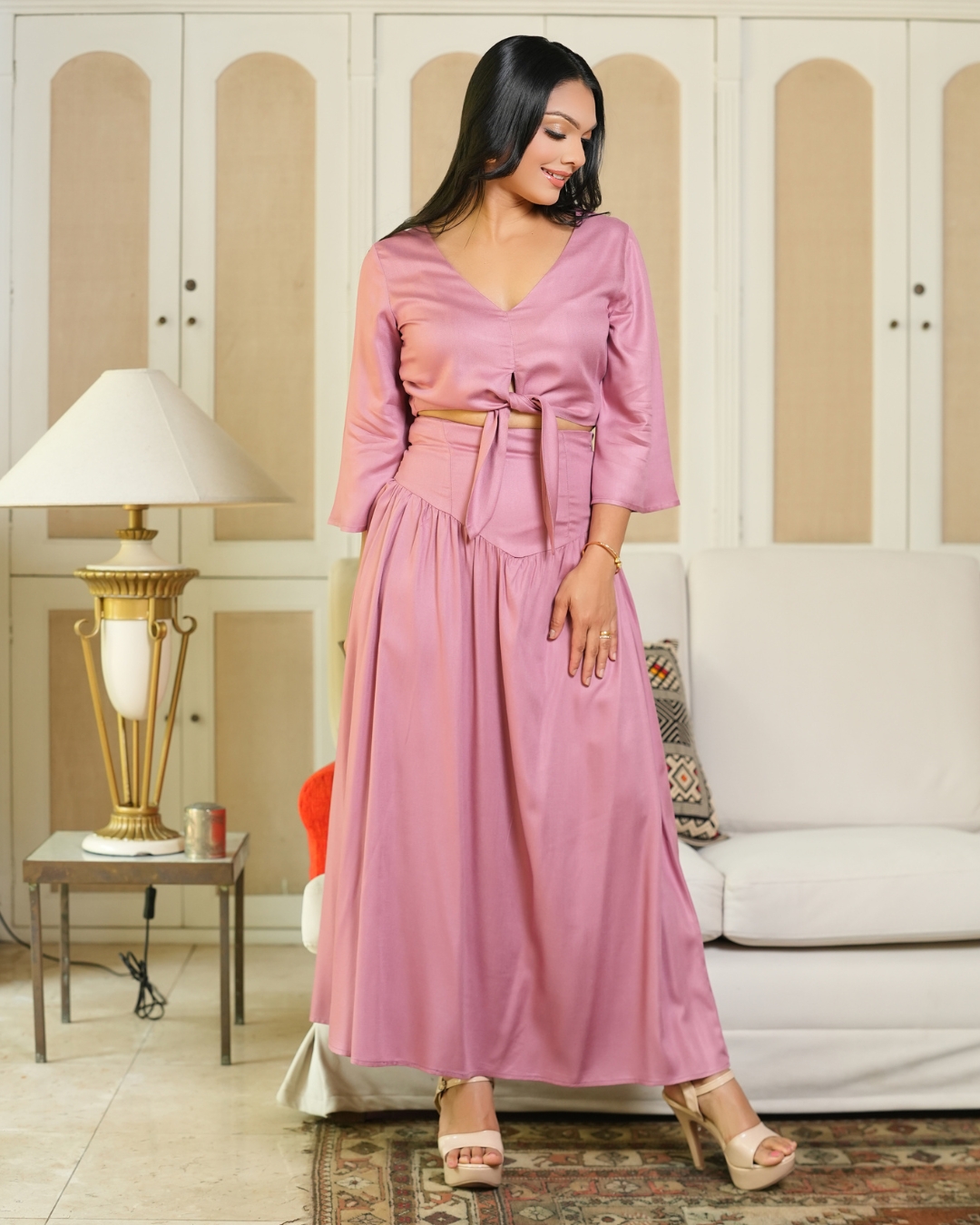 Tie-Up Detail Crop Top and Maxi Skirt Set - Image 4