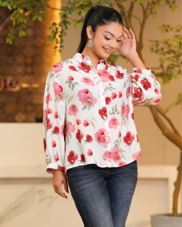Rose Patterned Puff Sleeve Shirt Blouse